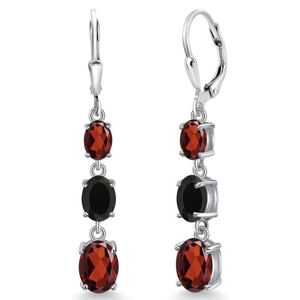 925 Sterling Silver with 5.54 Cttw 3 Stone Garnet and Black Onyx Drop Earrings
